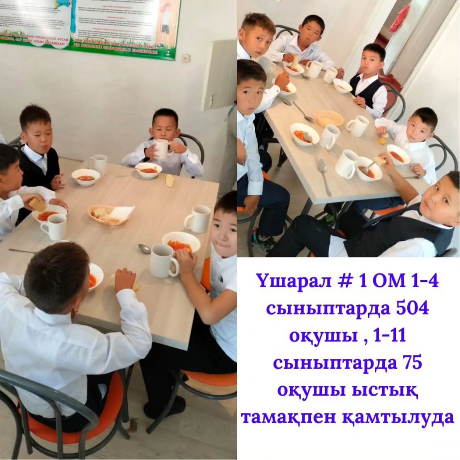 Үшарал №1 ОМ 1-4 сыныптарда 504 оқушы, 1-11 сыныптарда 75 оқушы ыстық тамақпен қамтылуда
